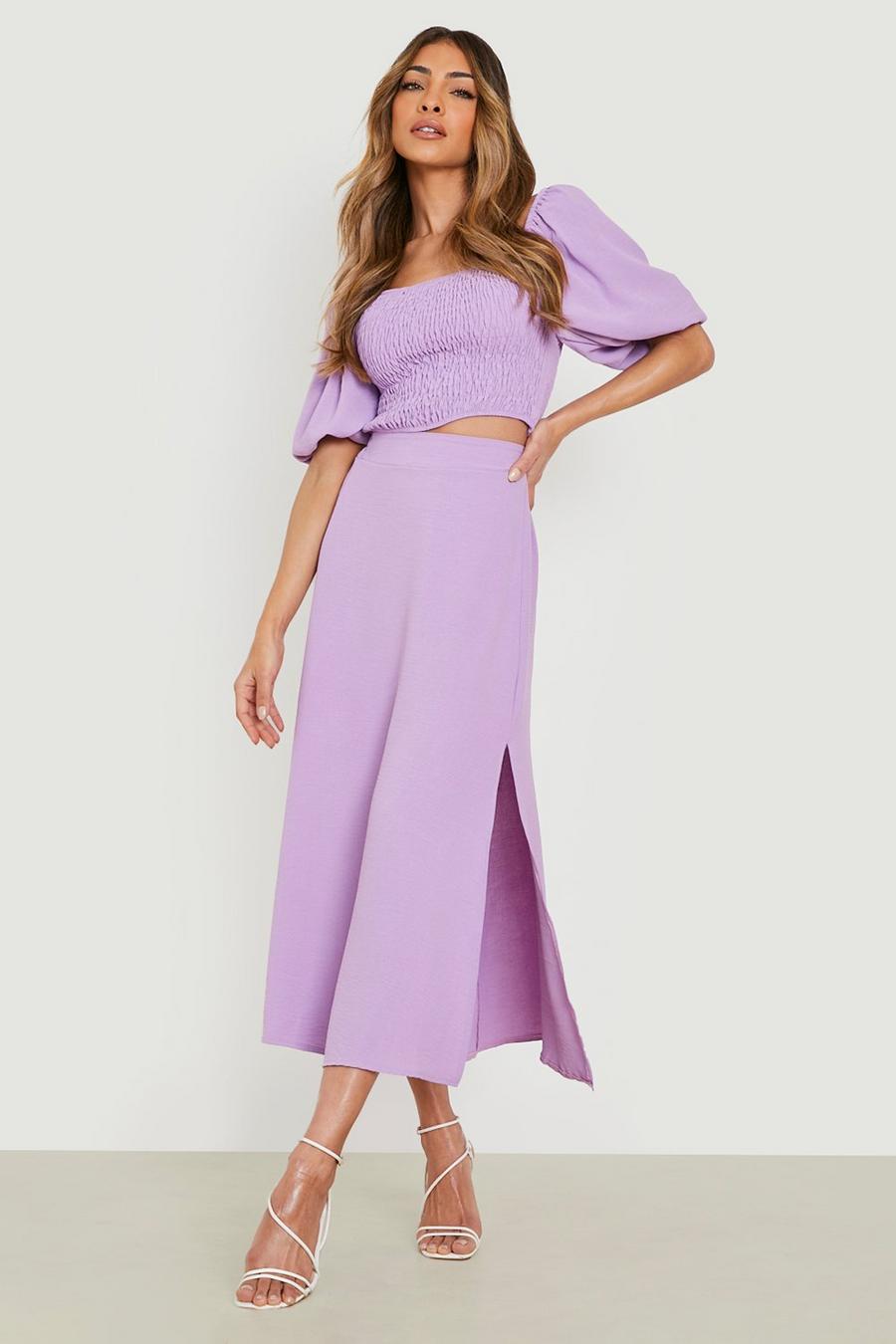 Lilac purple Textured Shirred Crop & Midi Skirt 