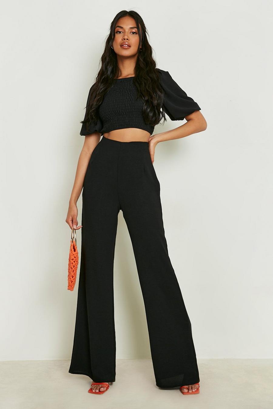 Pantalones de pernera ancha y top crop fruncido texturizado, Black negro