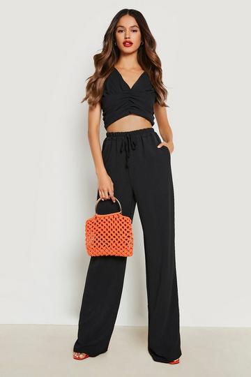 Textured Ruched Front Crop & Wide Leg Trouser black