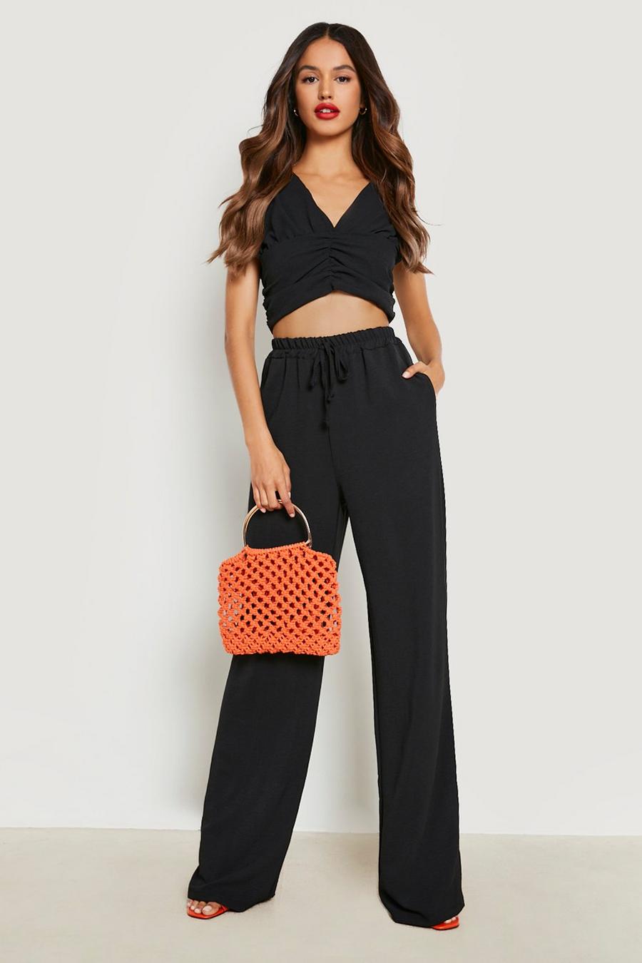 Black Textured Ruched Front Crop & Wide Leg Trouser