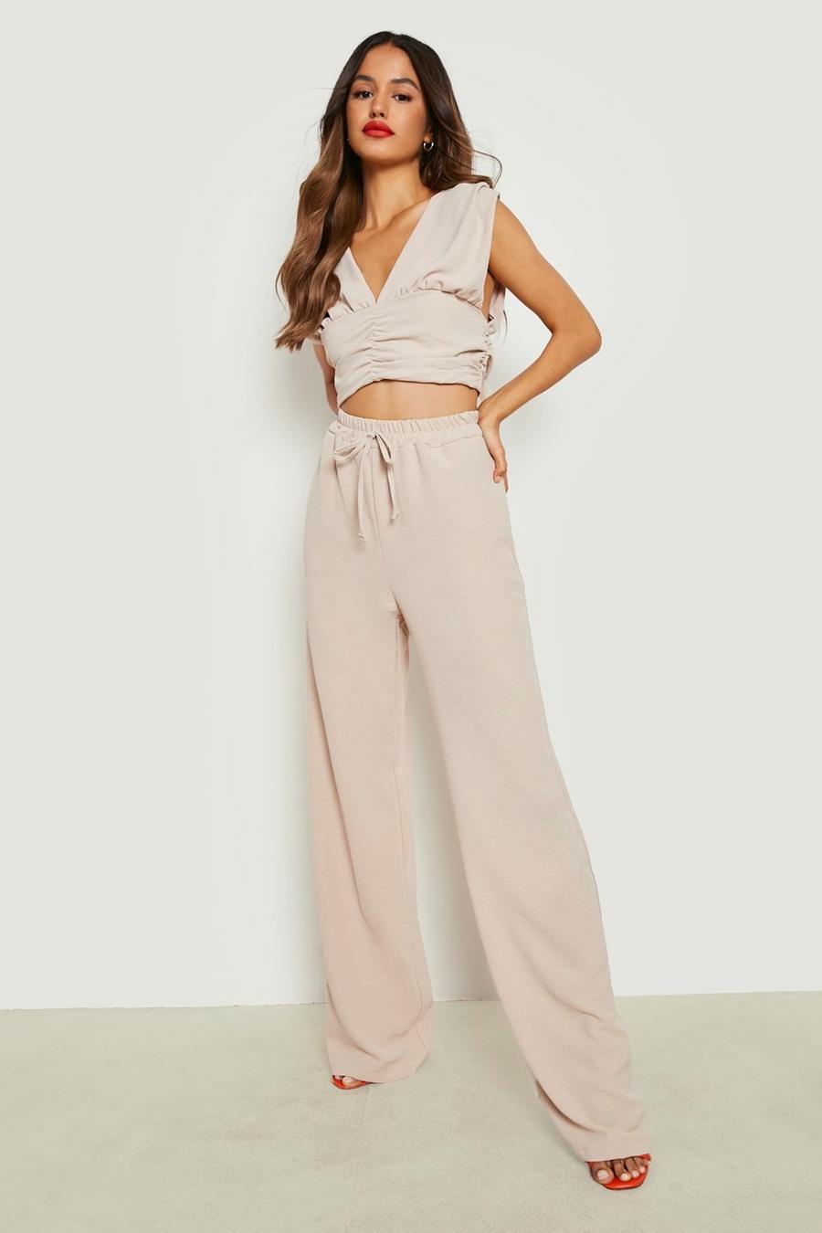 Stone Textured Ruched Front Crop & Wide Leg Pants