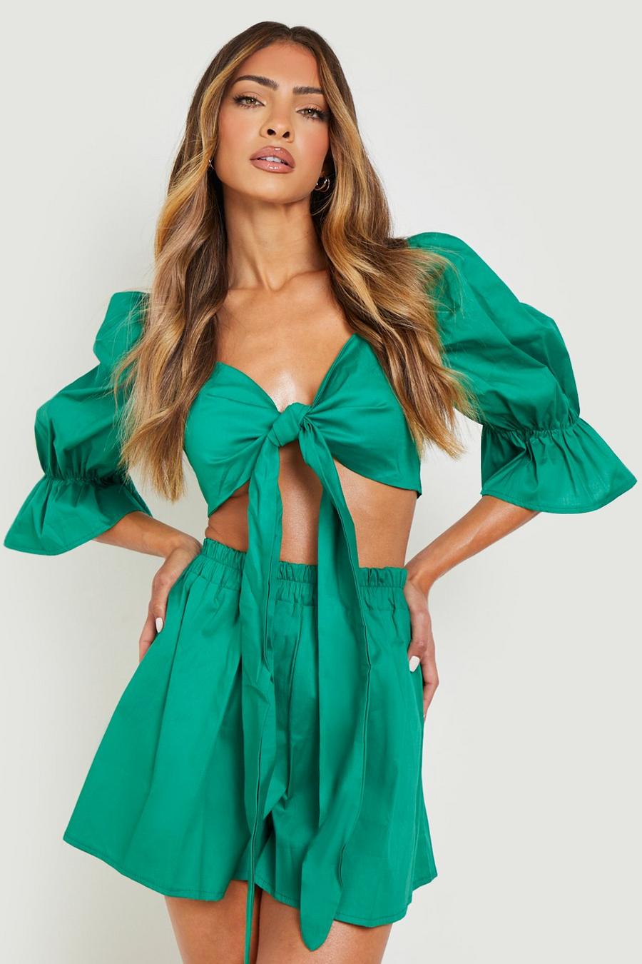 Bright green Knot Front Volume Sleeve Crop & Shorts