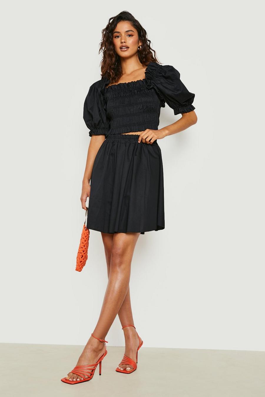 Black Shirred Volume Sleeve Crop & Mini Skirt  image number 1
