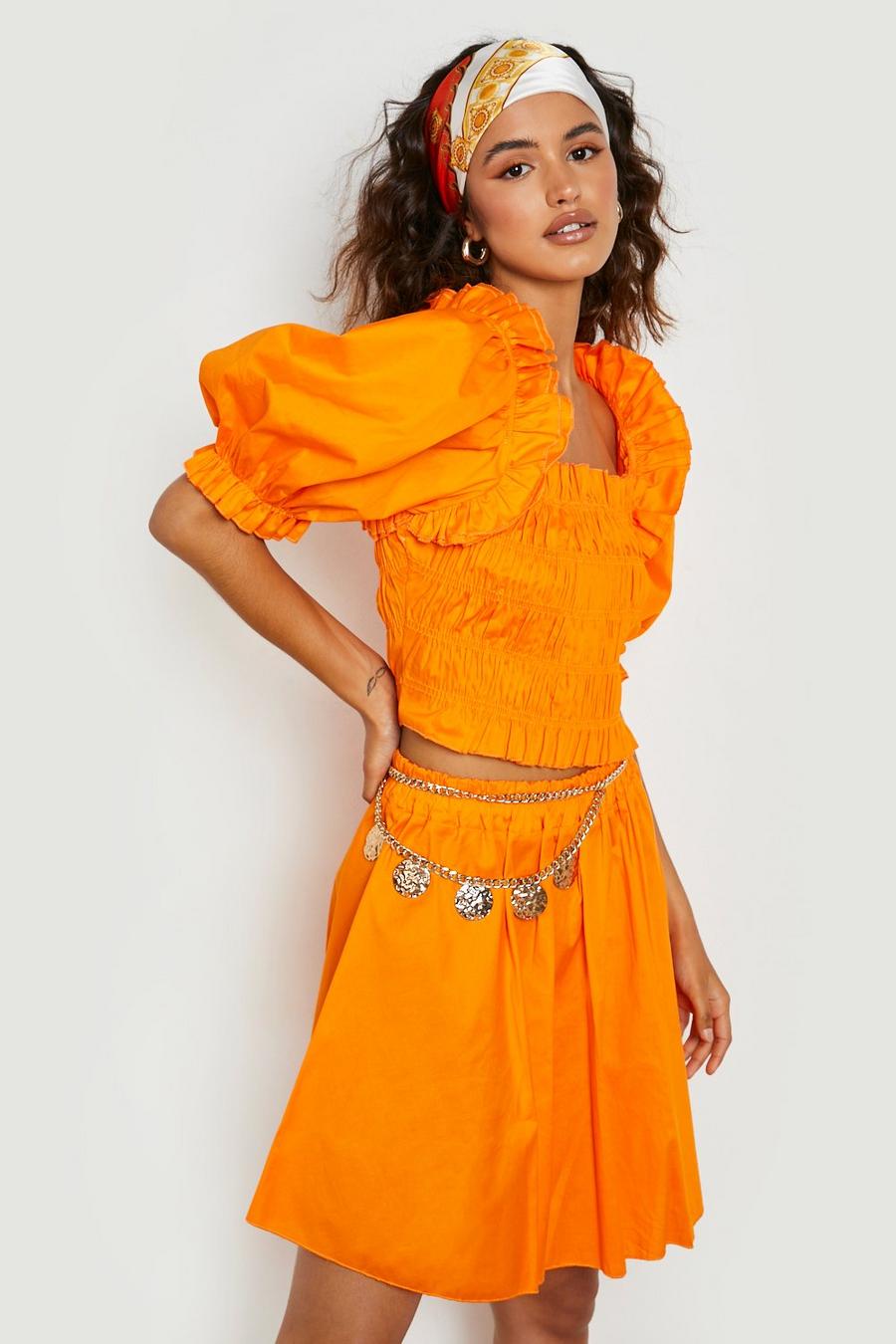 Orange Shirred Volume Sleeve Crop & Mini Skirt  image number 1