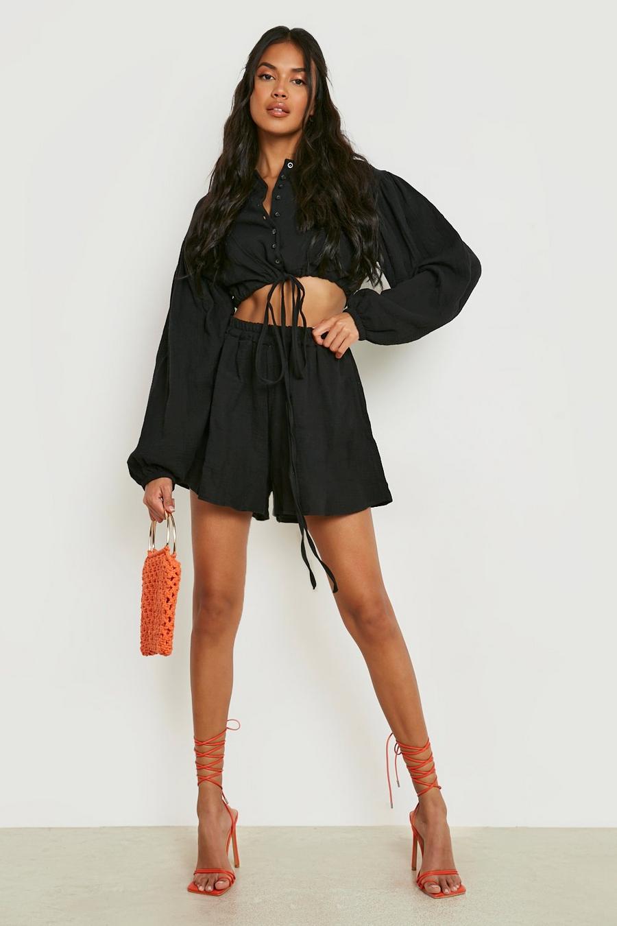 Black Textured Super Puff Sleeve Blouse image number 1