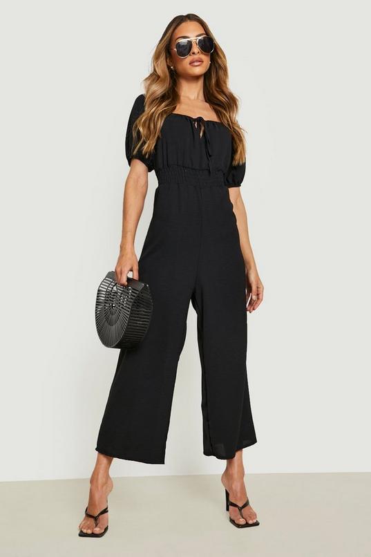 4 Womens Linen Look Puff Sleeve Culotte Jumpsuit Boohoo Women Clothing Shorts Culottes 