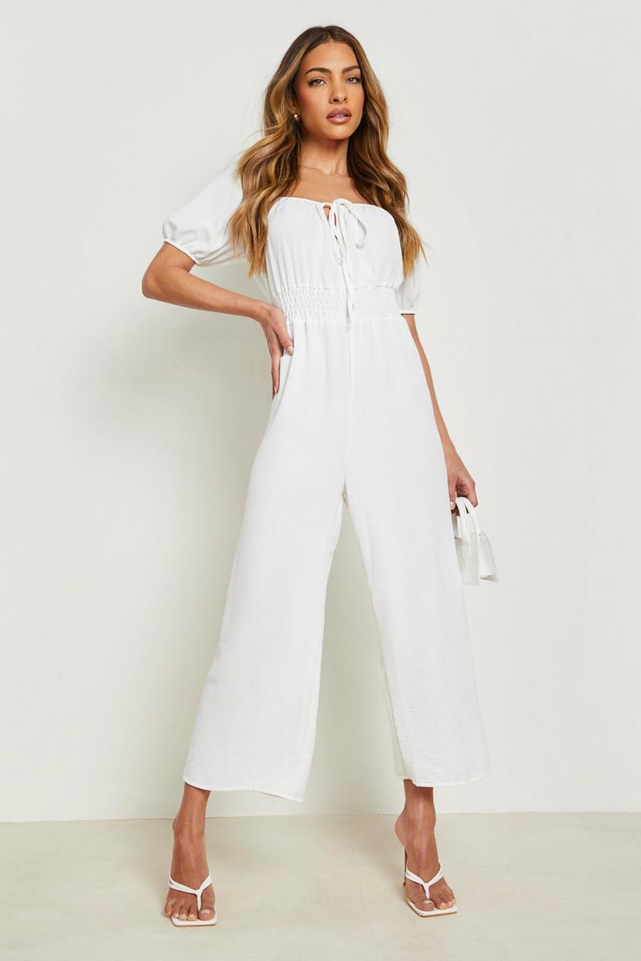 White Linen Look Puff Sleeve Culotte Jumpsuit image number 1