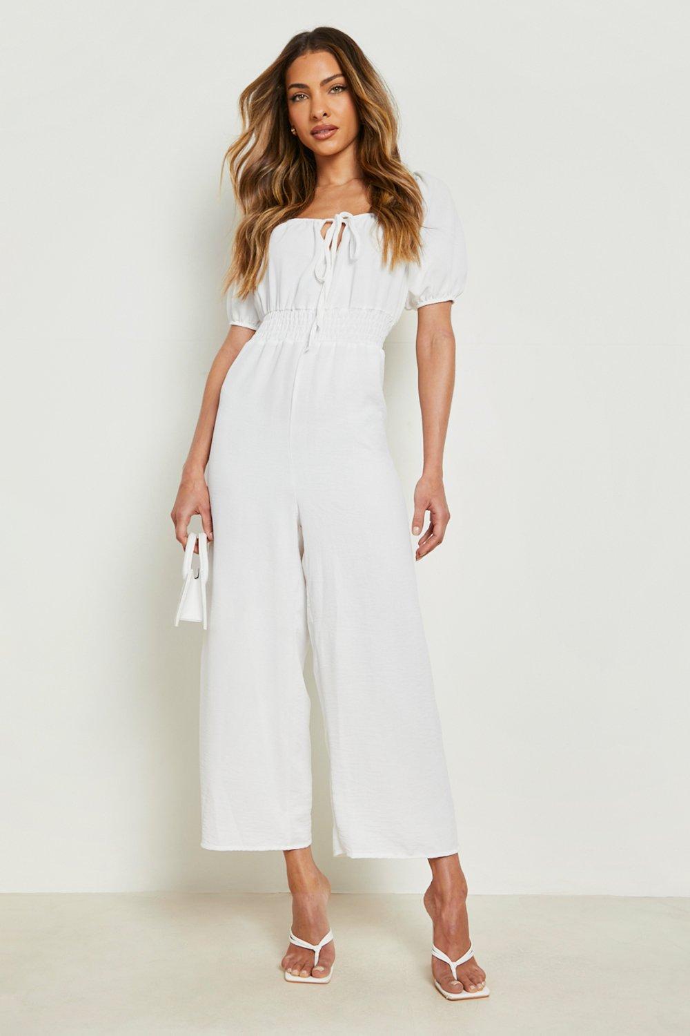 Linen Look Puff Sleeve Culotte Jumpsuit boohoo NO