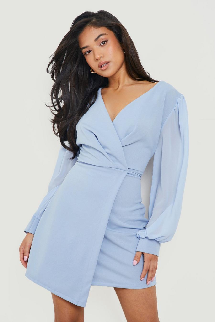 Sky blue Petite Wrap Chiffon Sleeve Button Dress image number 1