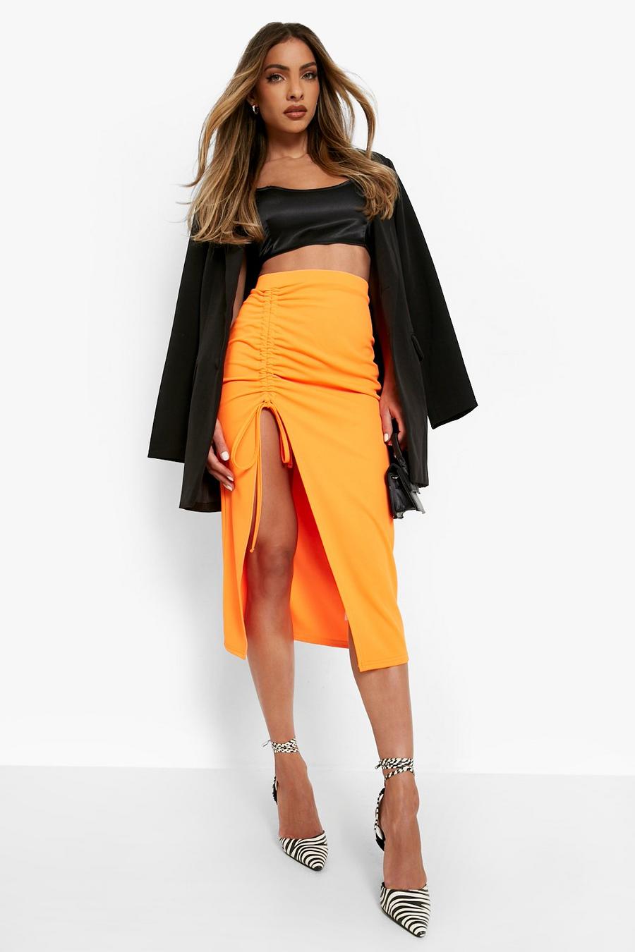 Orange Ruched Front Thigh Split Crepe Midi Skirt image number 1