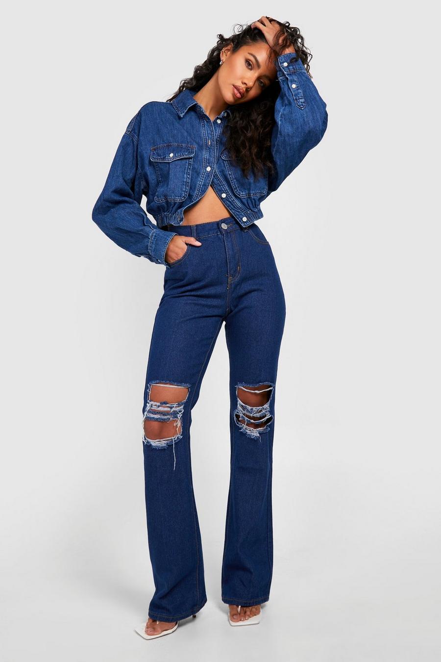 True blue Basics High Waisted Ripped Bootcut Jeans image number 1