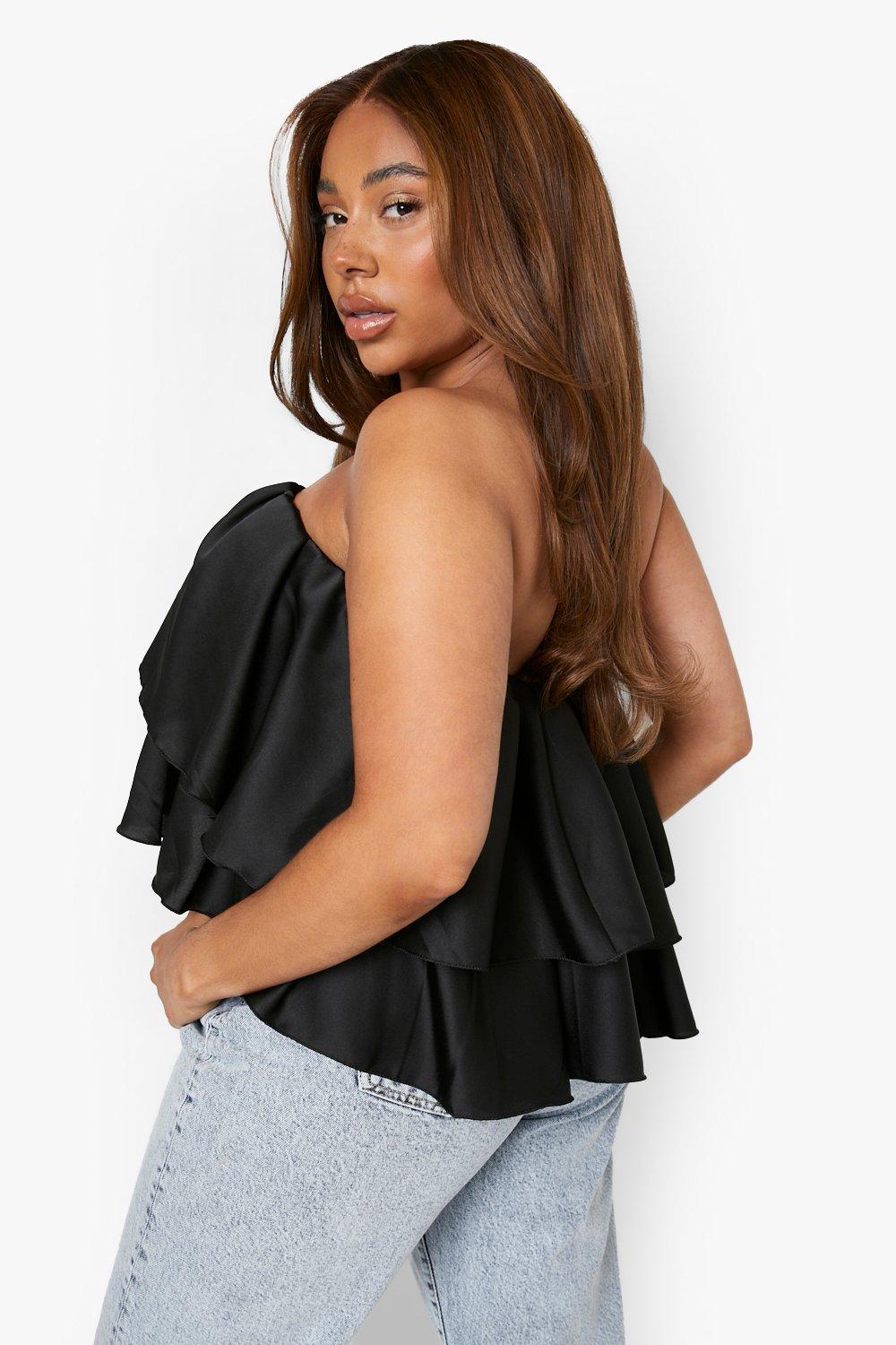 Women s Black Plus Satin Ruffle Bardot Top Boohoo UK