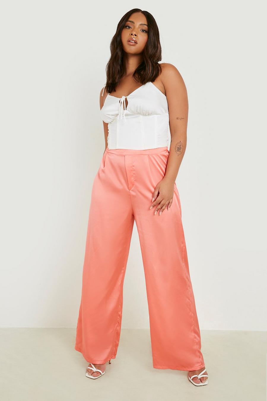 Coral pink Plus Satin Wide Leg Trousers