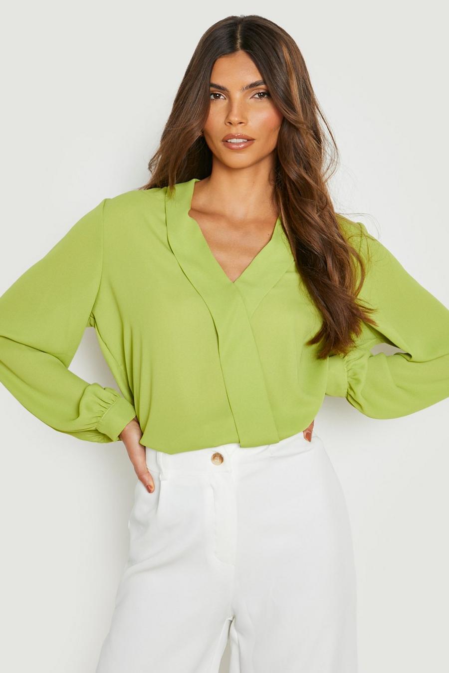 Lime Lapel Detail Volume Sleeve Blouse  image number 1