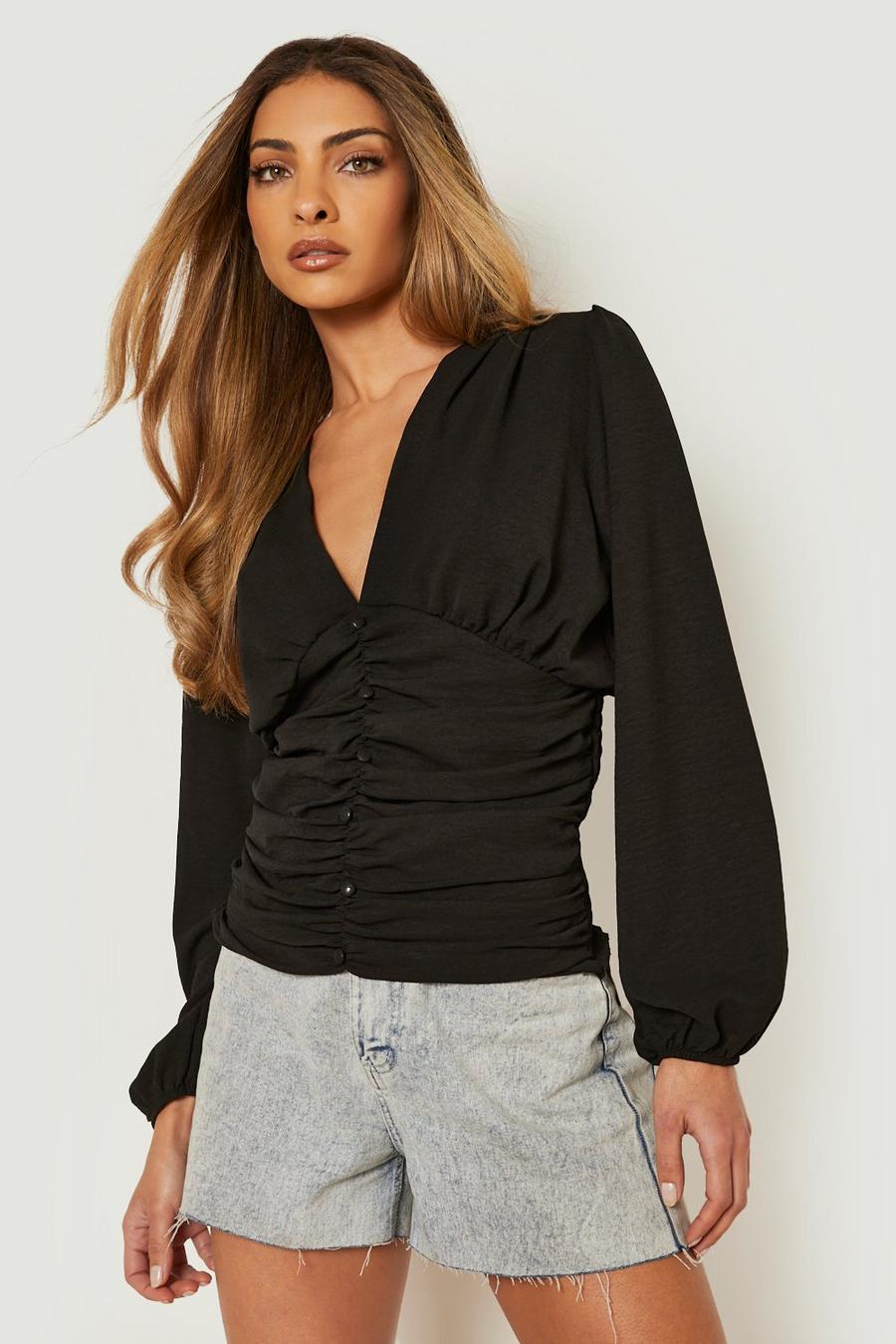 Black Textured Ruched Front Blouse image number 1