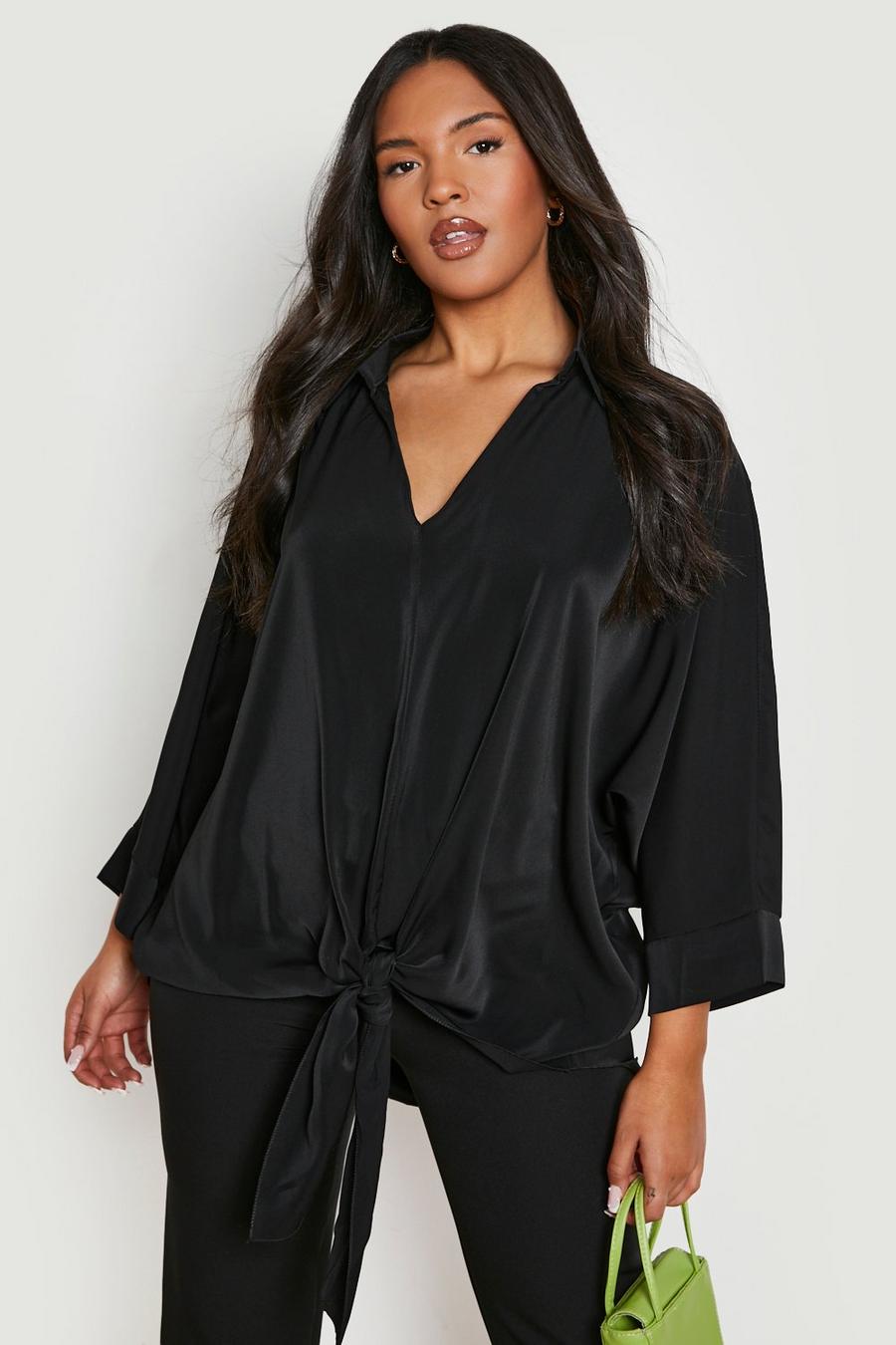 Black Plus Tie Front Oversized Blouse image number 1