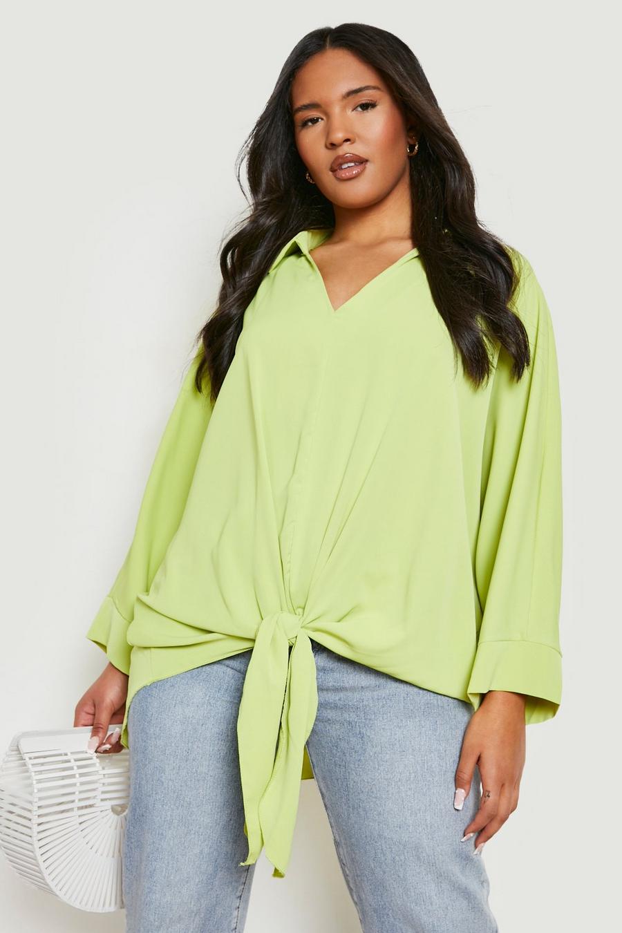 Olive green Plus Tie Front Oversized Blouse image number 1