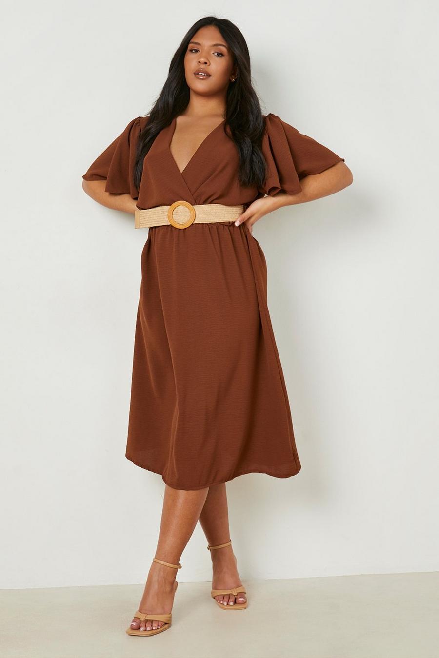Chocolate brown Plus Raffia Belted Angel Sleeve Midi Dress