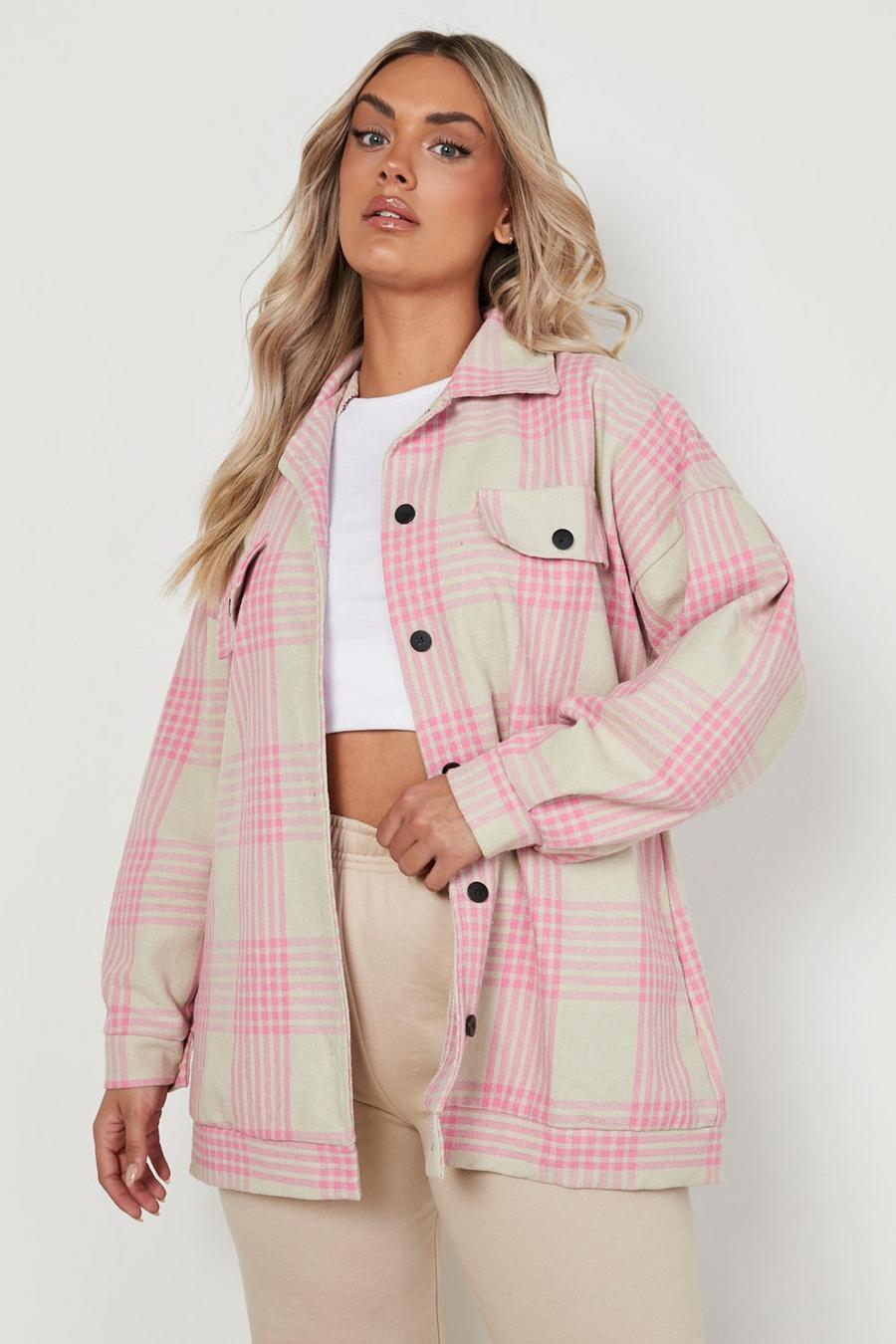 Neon-pink Plus Checked Shacket image number 1