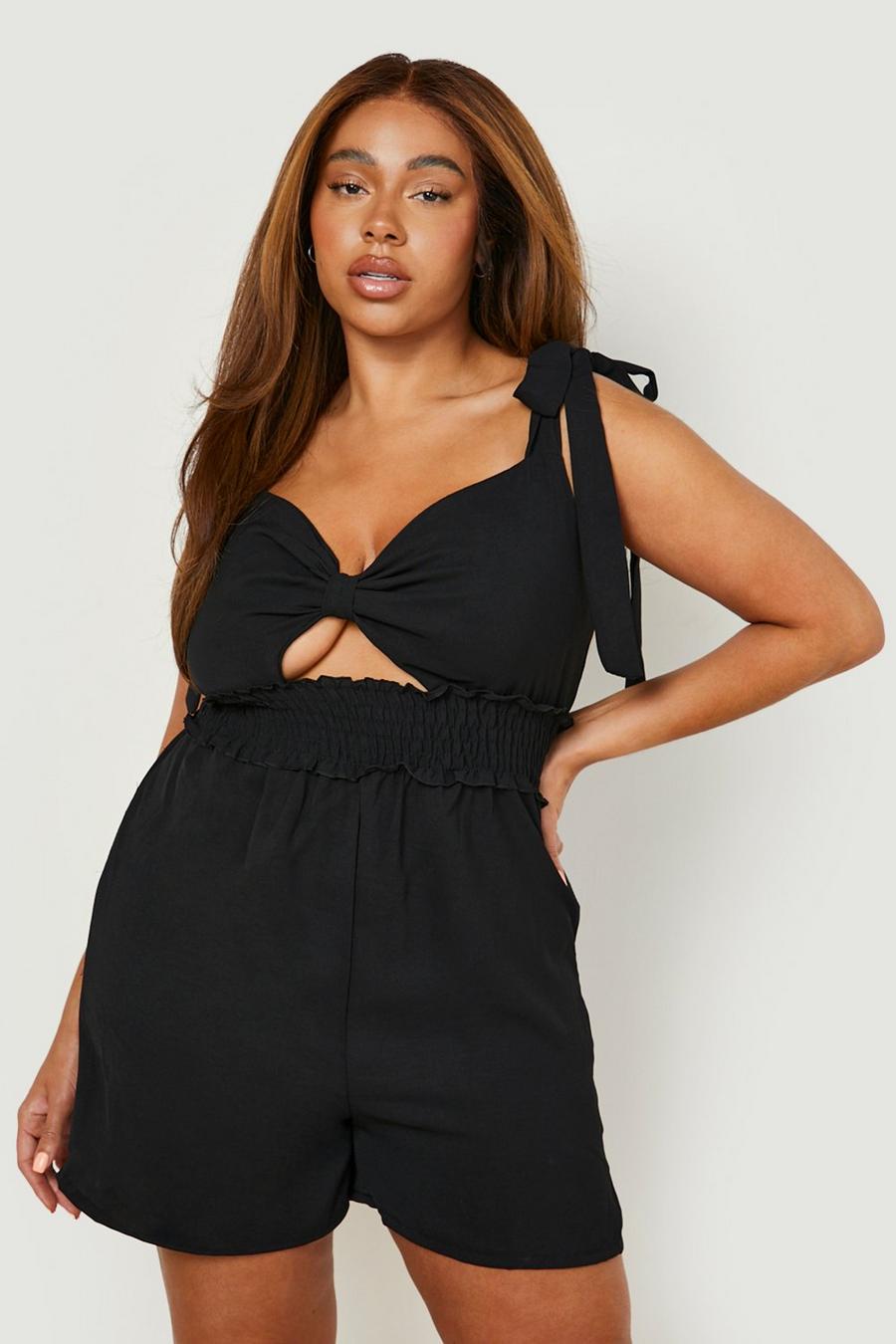 Black Plus Woven Shirred Tie Strappy Playsuit image number 1