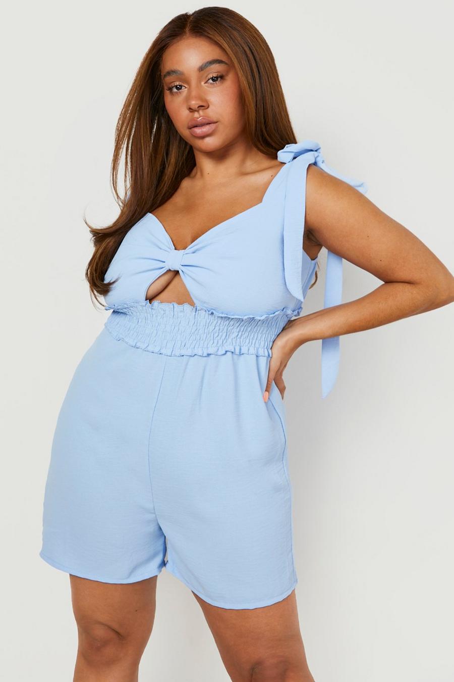 Light blue Plus Woven Shirred Tie Strappy Playsuit