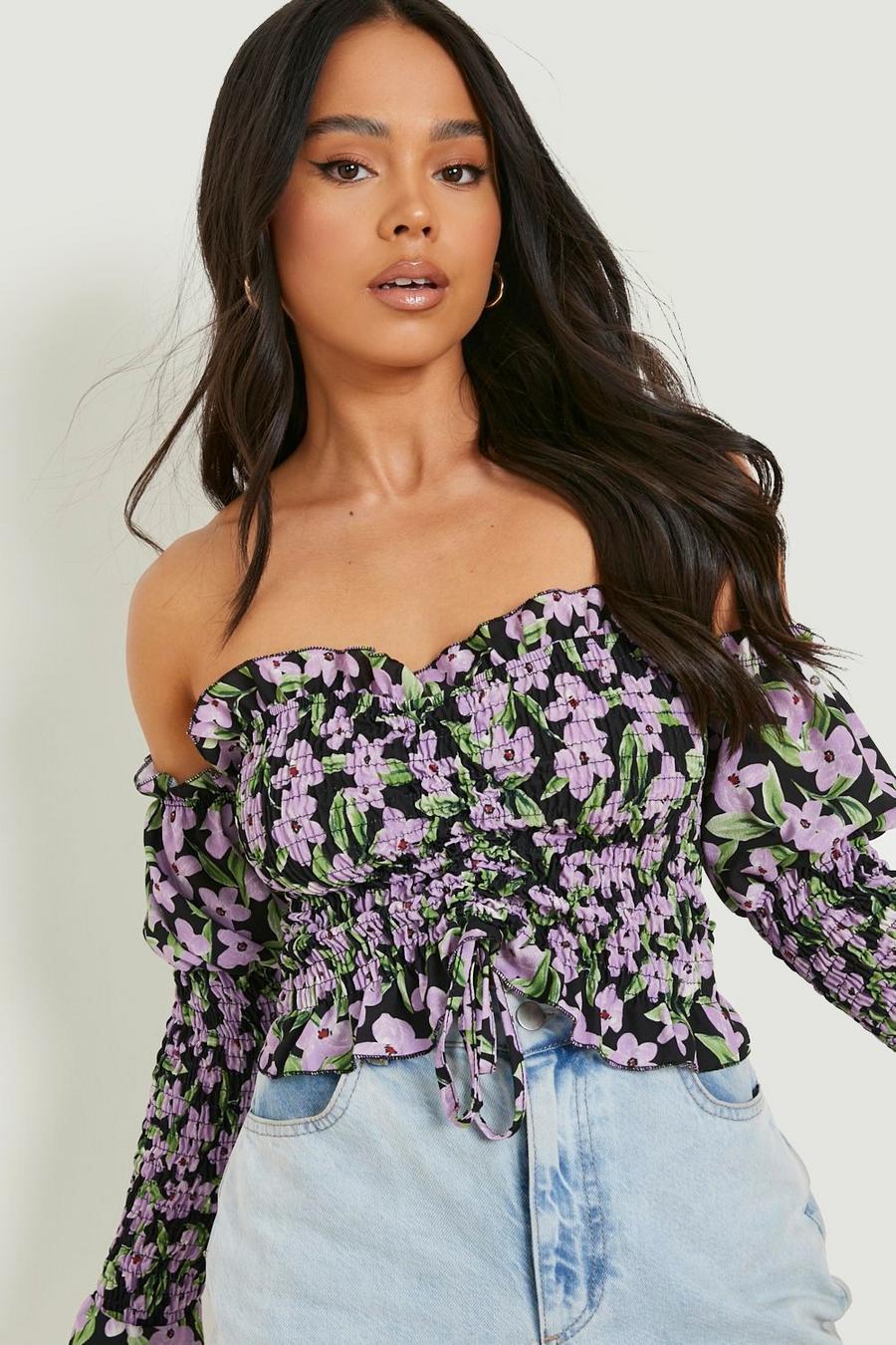 Purple Petite Floral Shirred Off The Shoulder Woven Top image number 1