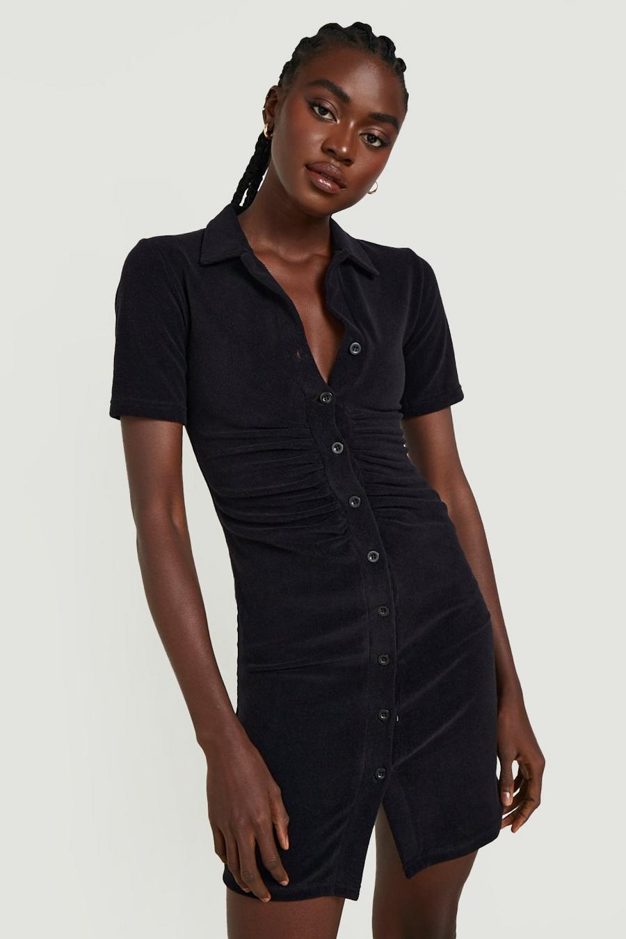 Black Tall Ruched Button Down Toweling Dress image number 1