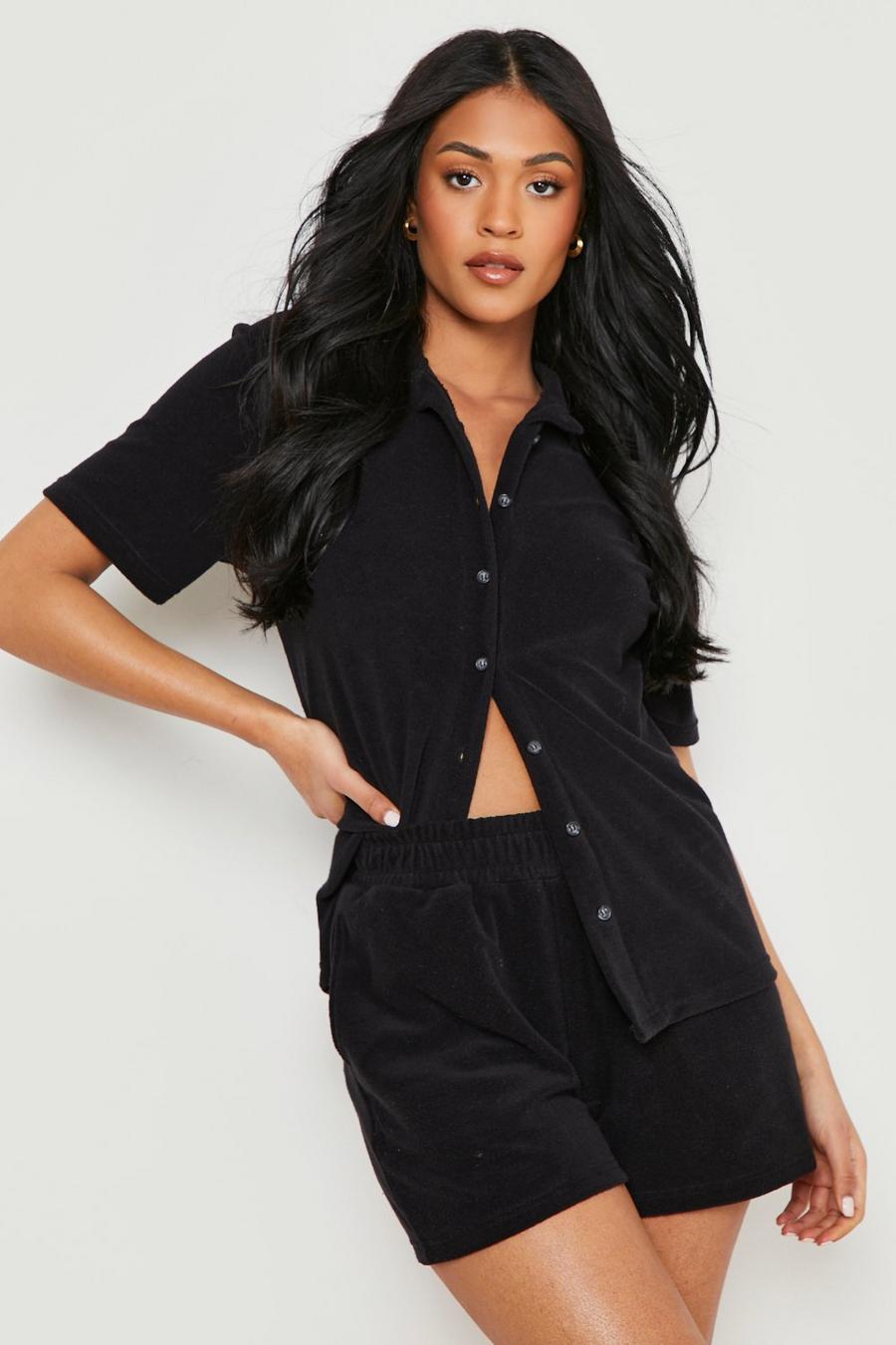 Black Tall Towelling Oversized Shirt And Short Set image number 1