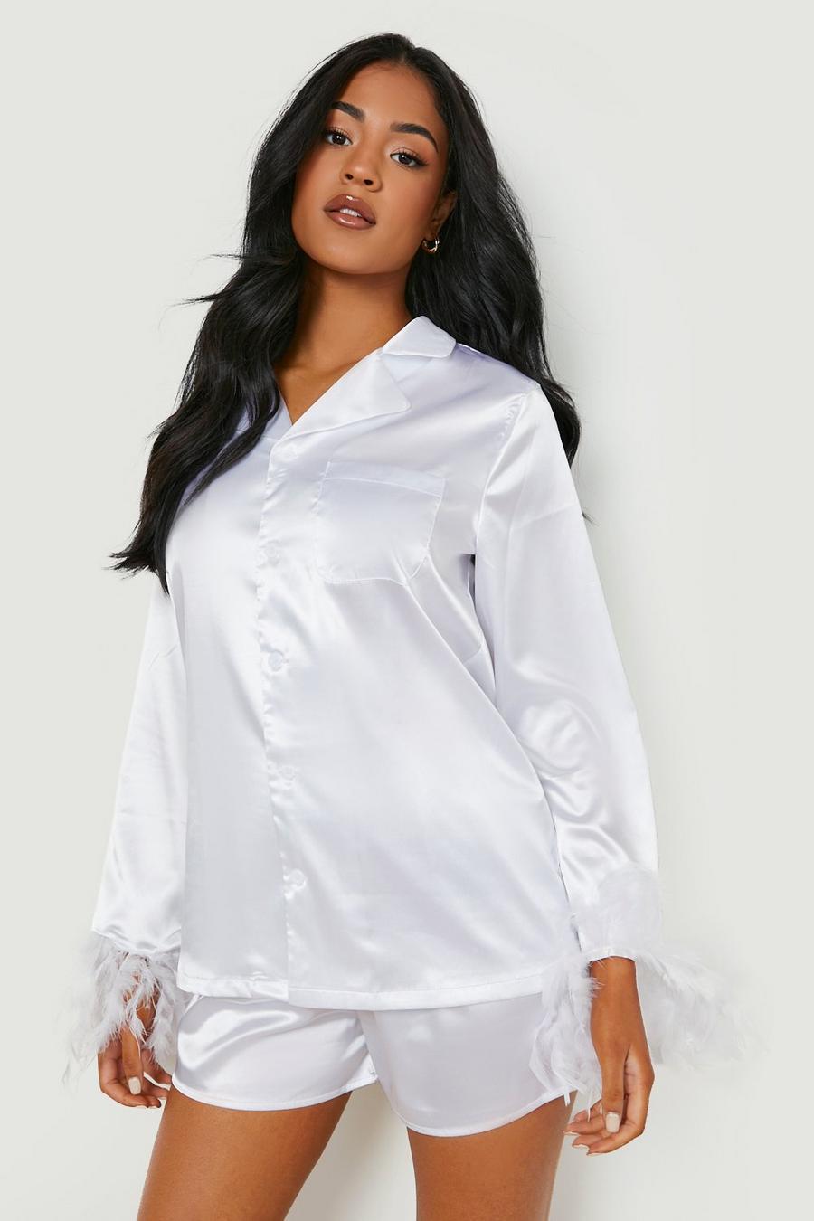 White Tall Feather Trim Short Pj Set image number 1