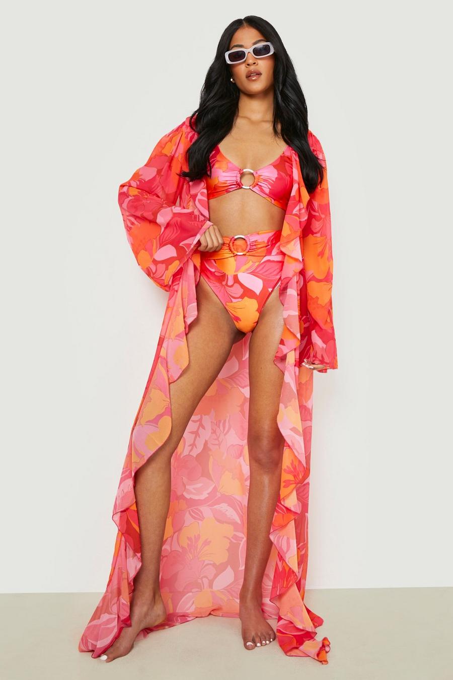 Tall floraler Maxi Strand-Kimono, Pink image number 1