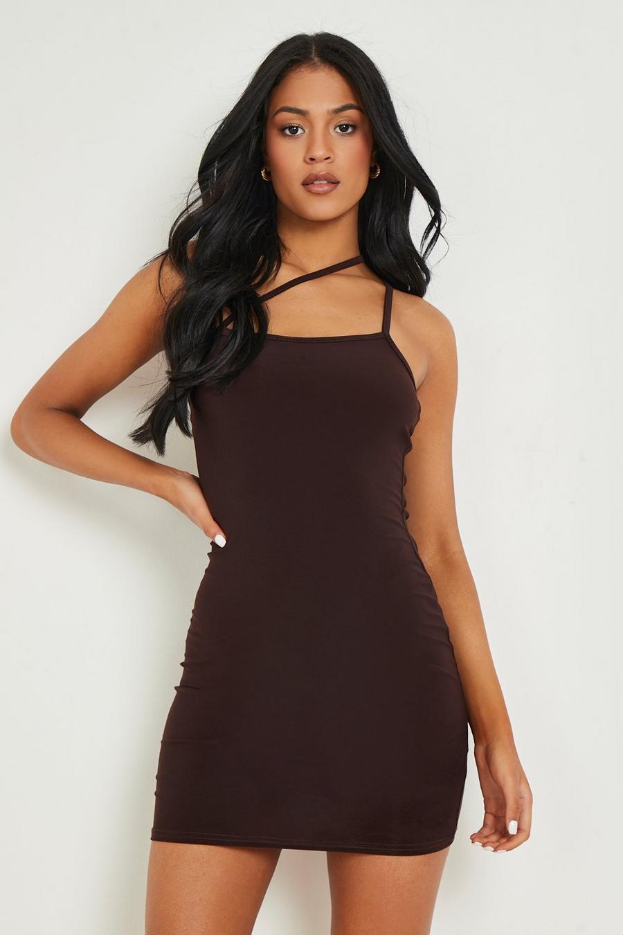 Chocolate brown Tall Slinky Asymmetric Strap Mini Dress 