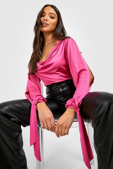 Slinky Tie Detail Split Sleeve Bodysuit hot pink