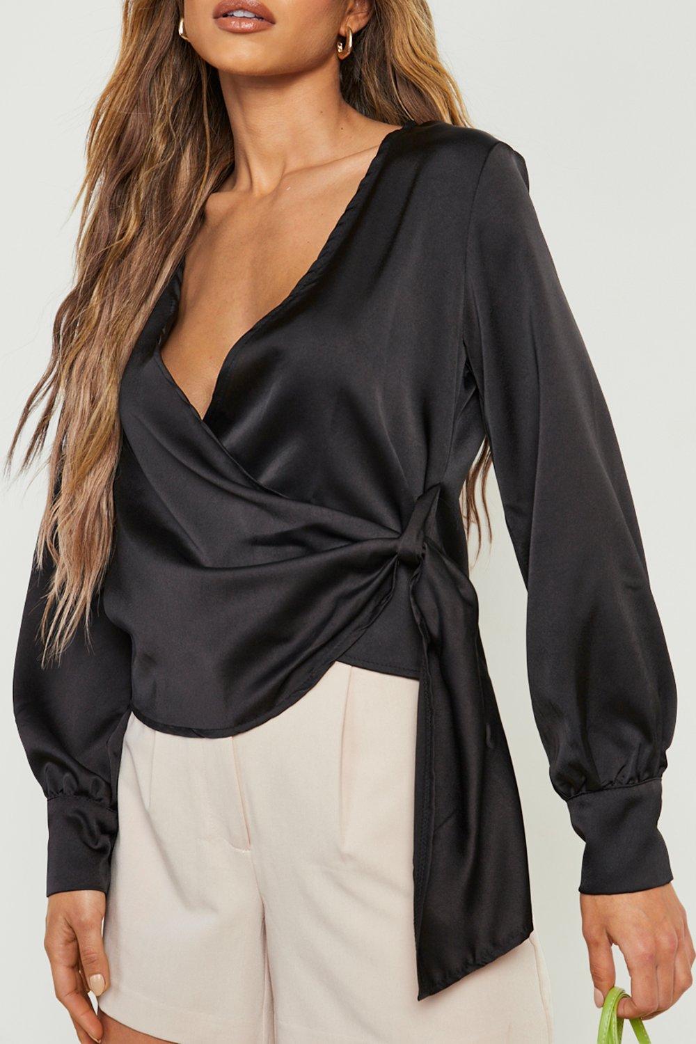 Black satin store long sleeve top