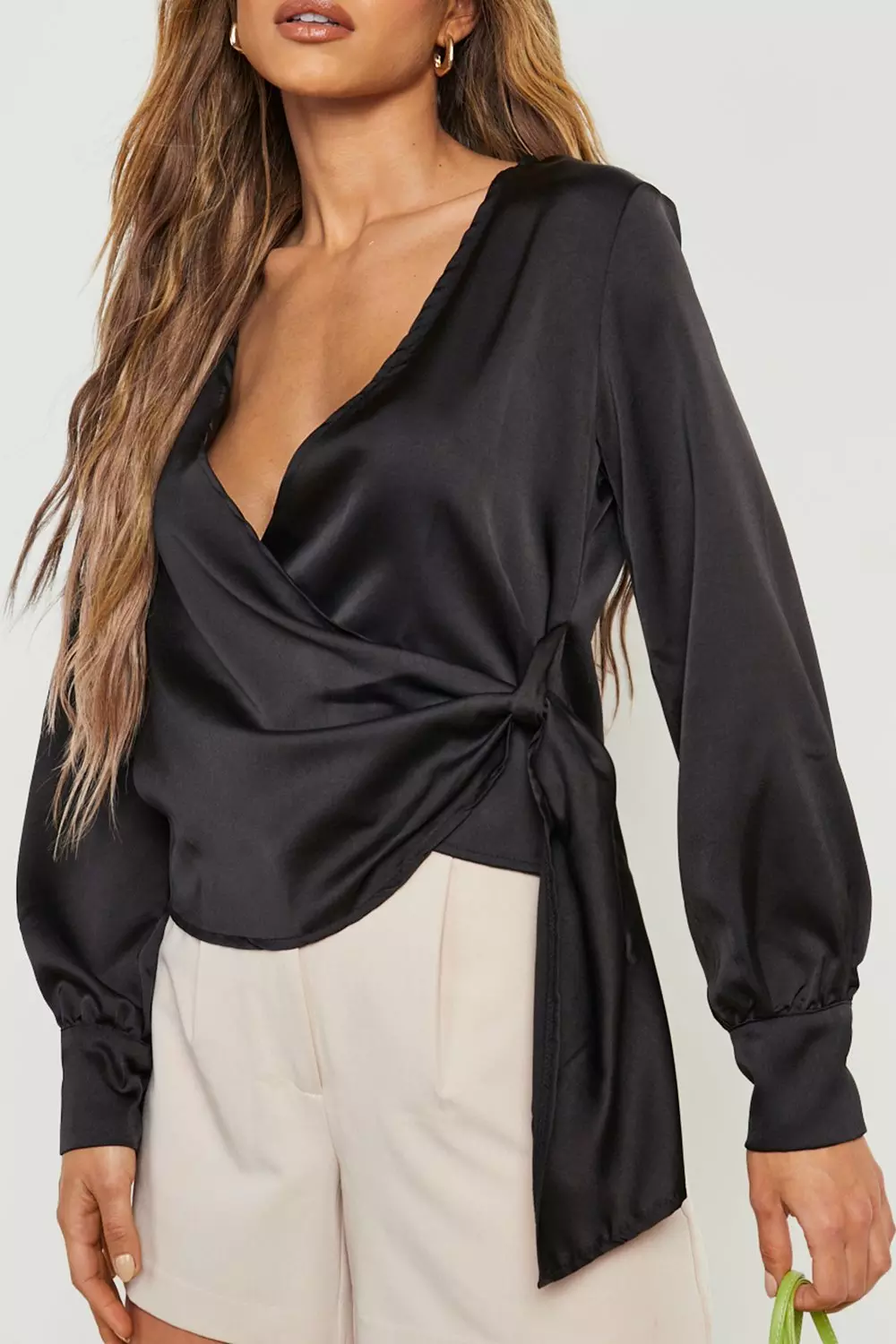 Black satin wrap sales top