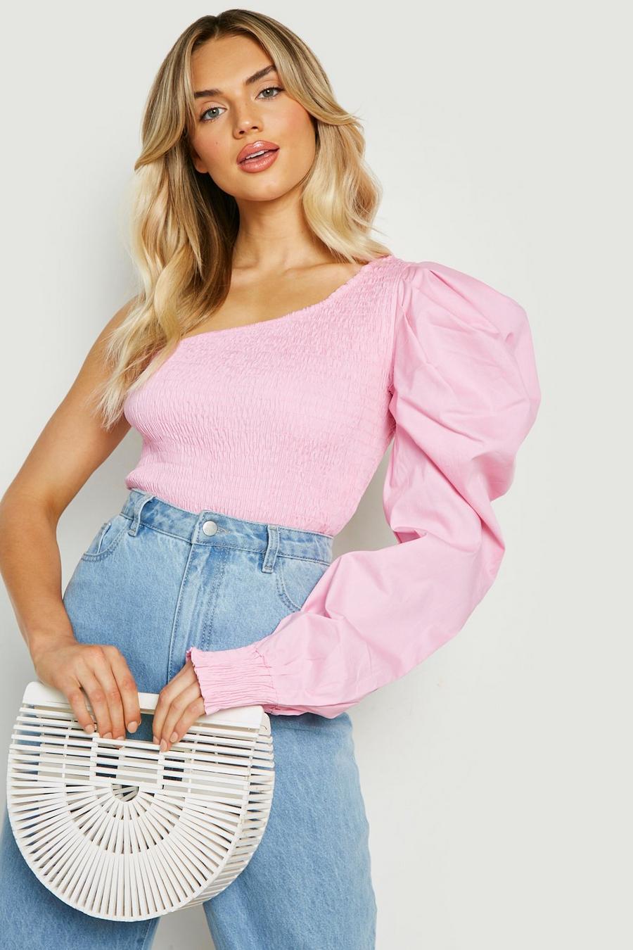 Pink One Shoulder Shirred Puff Sleeve Top