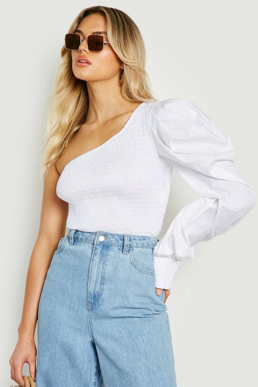 White One Shoulder Shirred Puff Sleeve Top image number 1
