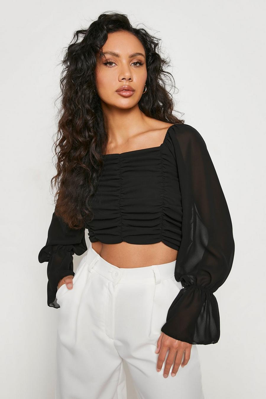 Black nero Ruched Front Chiffon Top