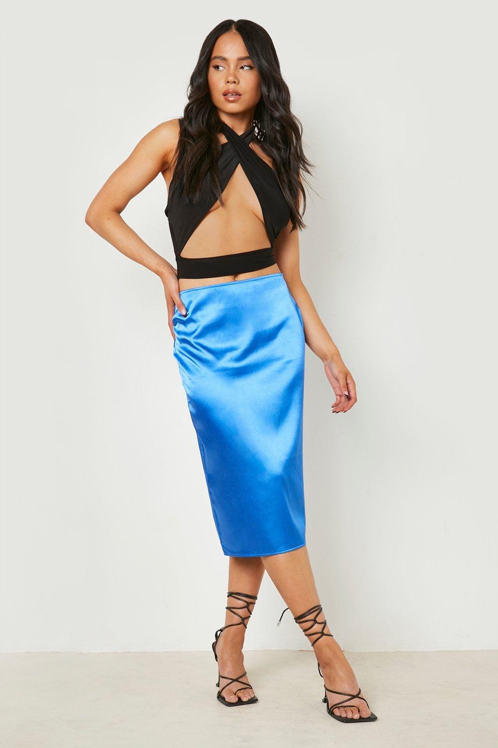 Petite Satin Low Waist Midi Skirt