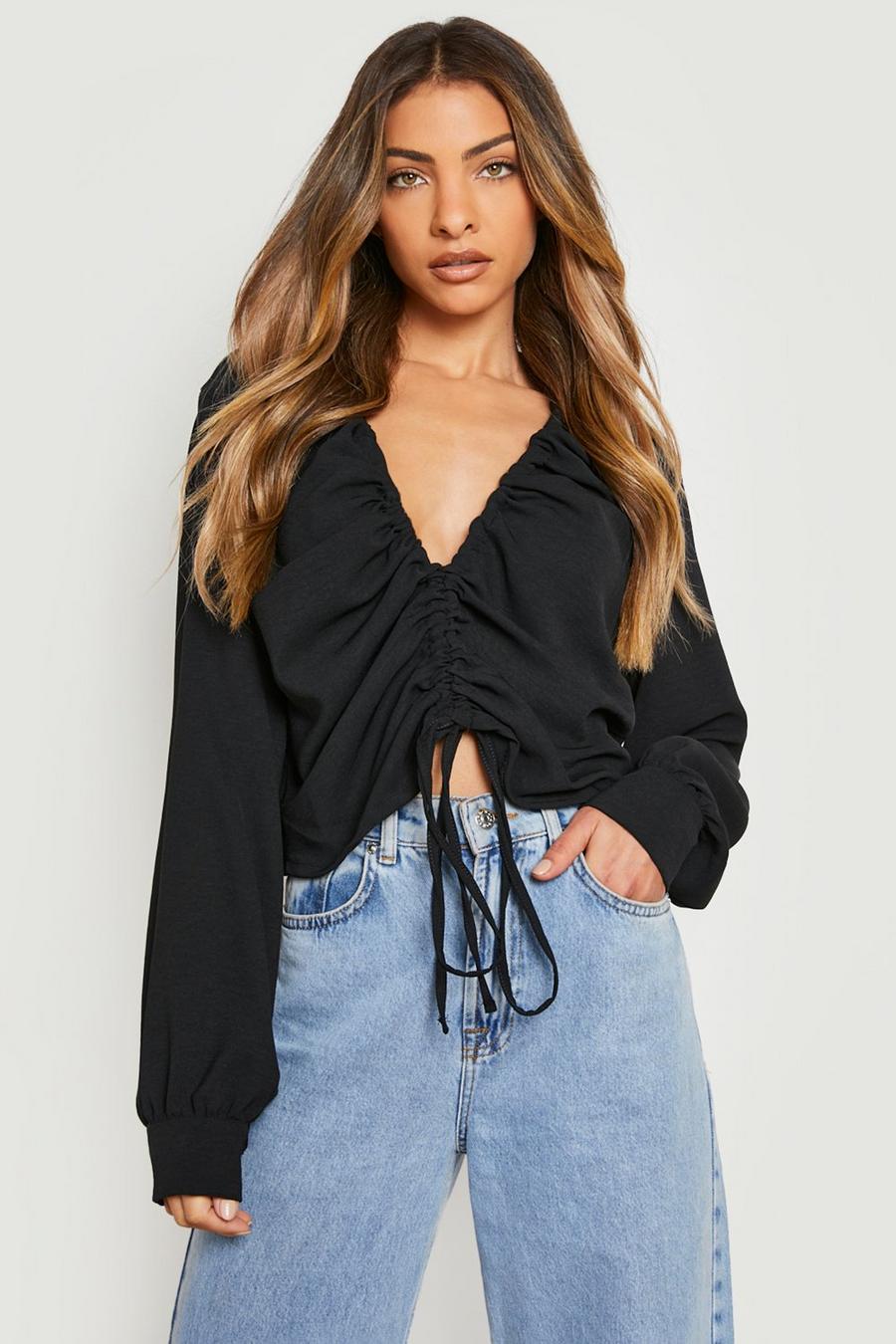 Black Textured Ruched Front Volume Sleeve Shirt