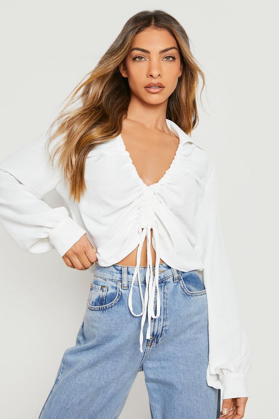 Ivory white Textured Ruched Front Volume Sleeve Shirt