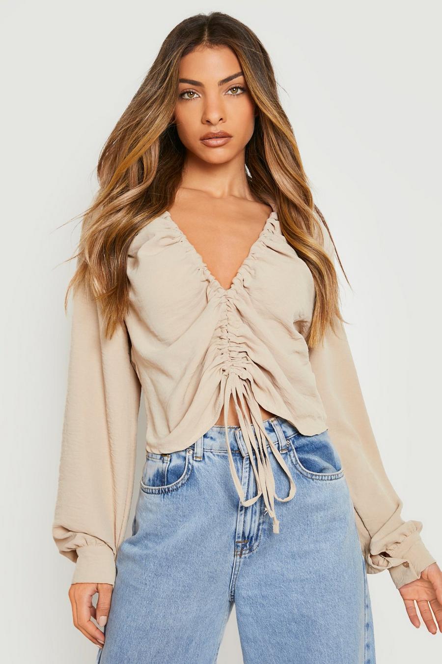 Sand Textured Ruched Front Puff Sleeve Shirt image number 1