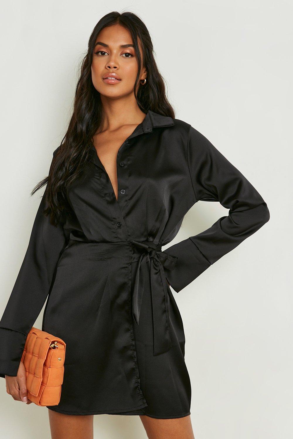 Satin Drape Tie Side Shirt Dress