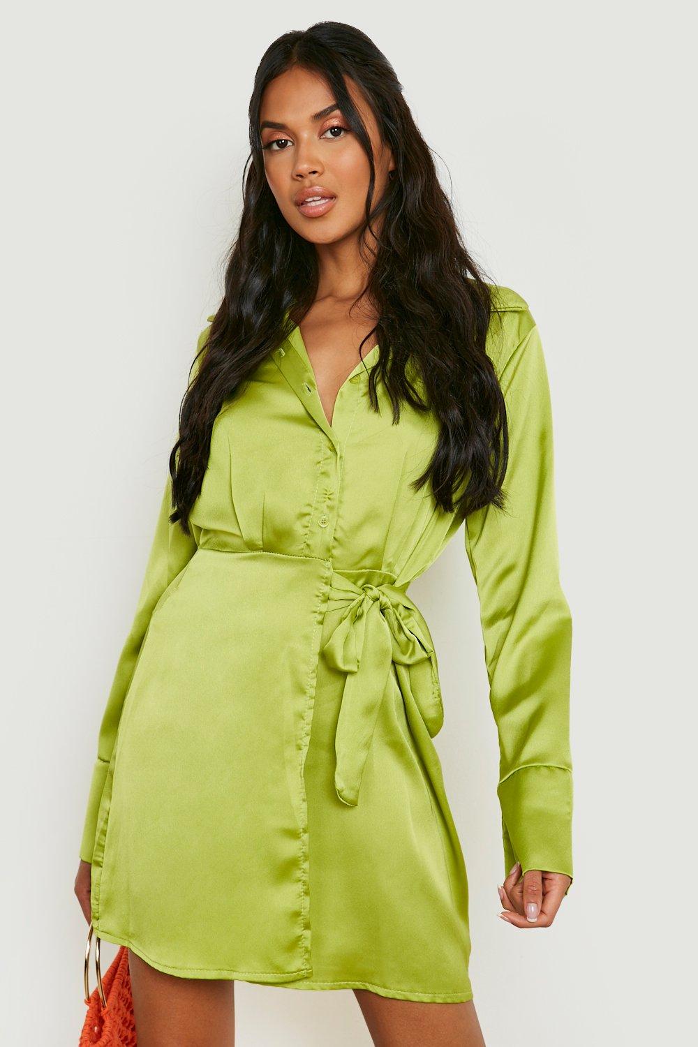 Satin Drape Tie Side Shirt Dress