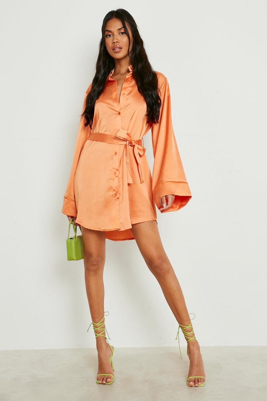 Satin Hemd-Kleid mit Kimono-Ärmeln und Knoten vorne, Orange image number 1