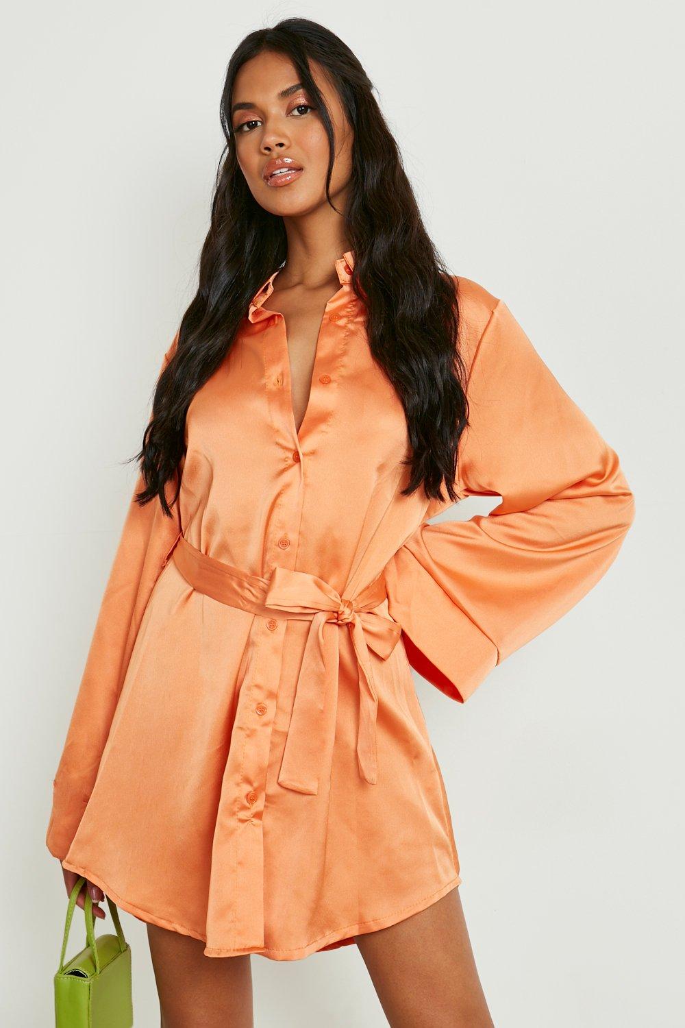 Missguided, Satin Drape Front Shirt Dress, Orange