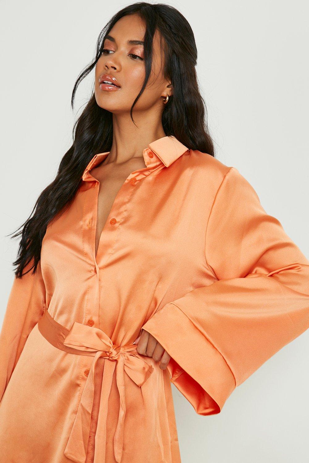 Satin Kimono Sleeve Tie Front Shirt Dress