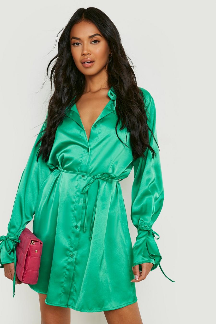 Satin Hemd-Kleid mit geschnürten Bündchen & Taille, Emerald image number 1