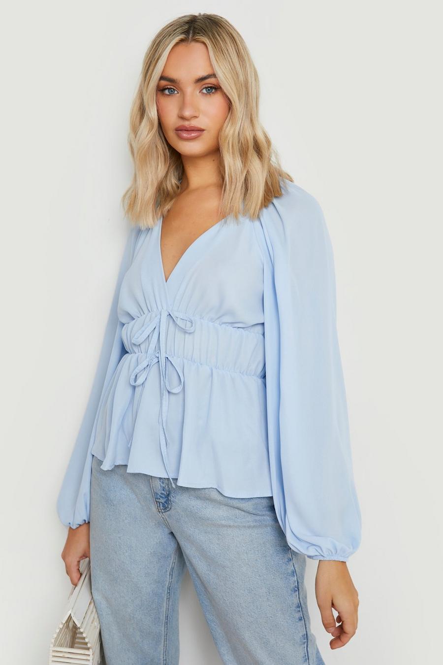 Baby blue Chiffon Tie Teired Blouse image number 1
