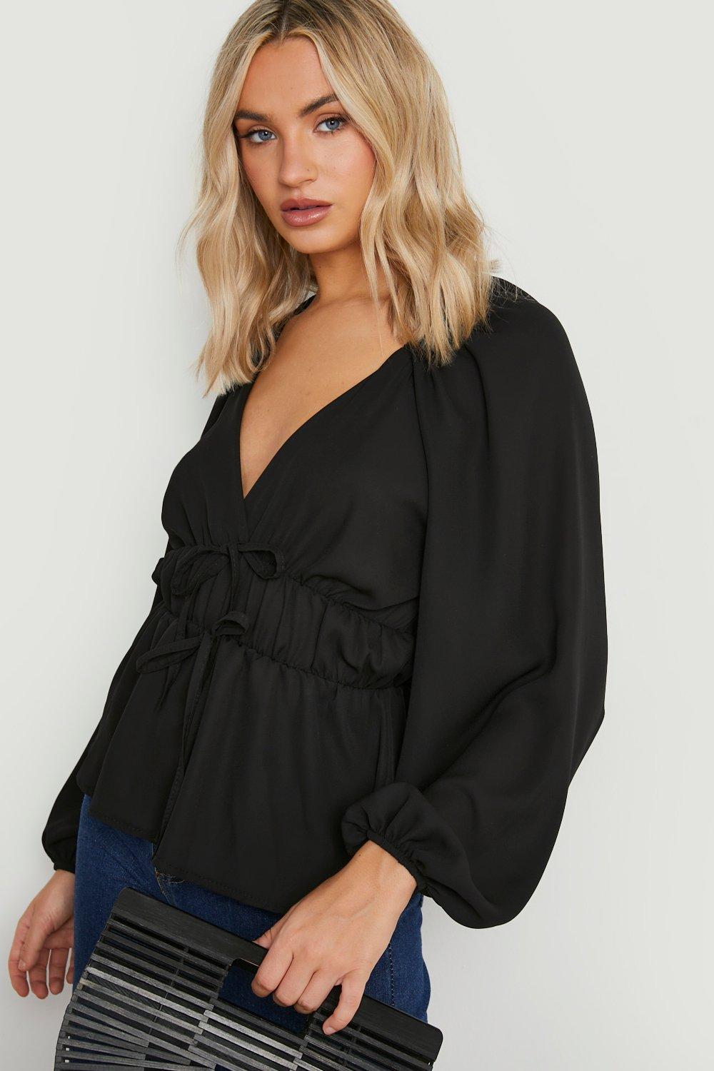 Black Chiffon Tie Teired Blouse