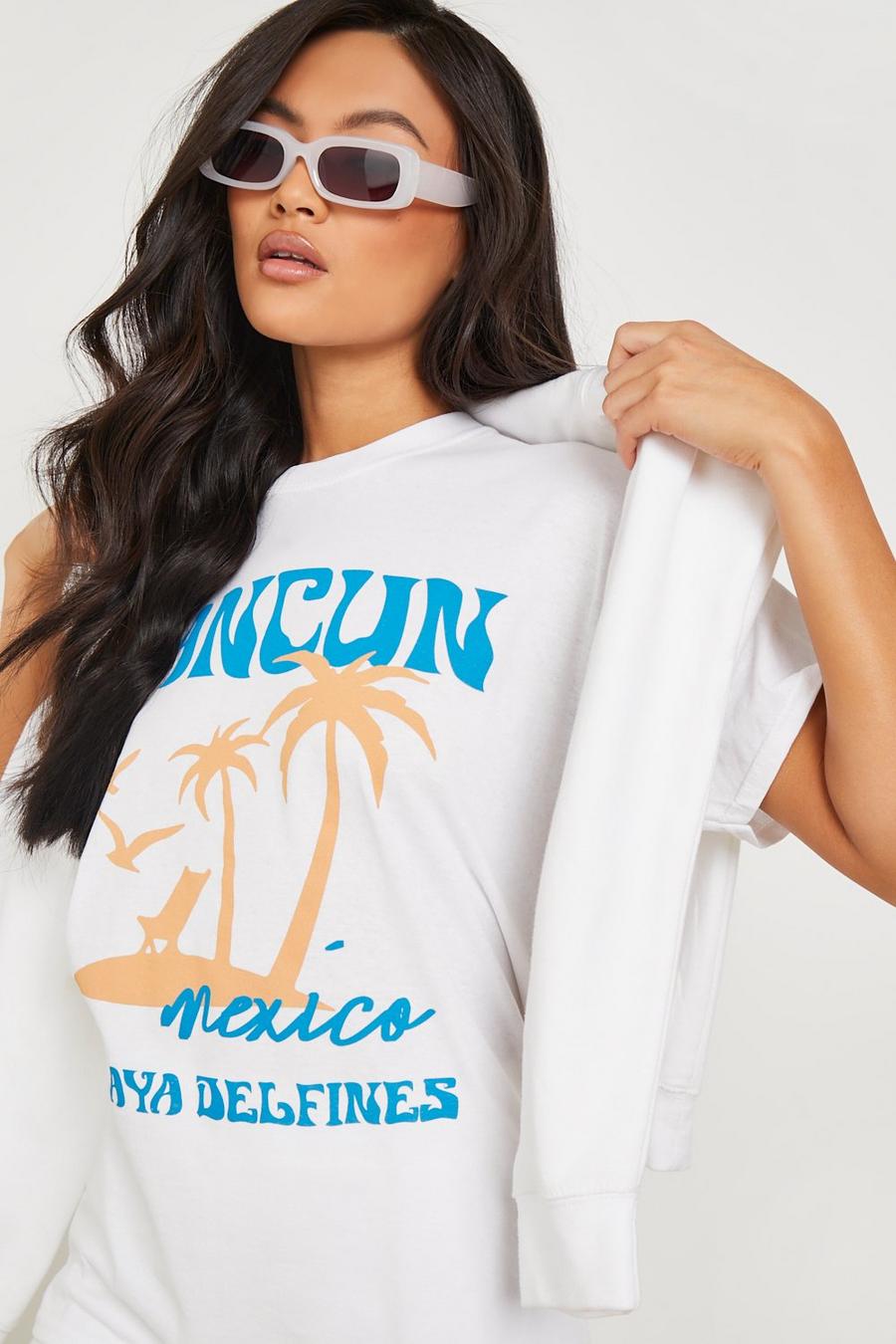 White Cancun Printed Oversized T Shirt image number 1
